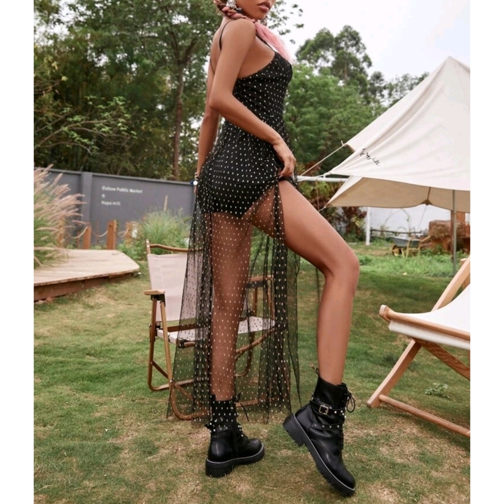 Contrast Dot Mesh Split Hem Combo Romper/Dress - Picture 3 of 7
